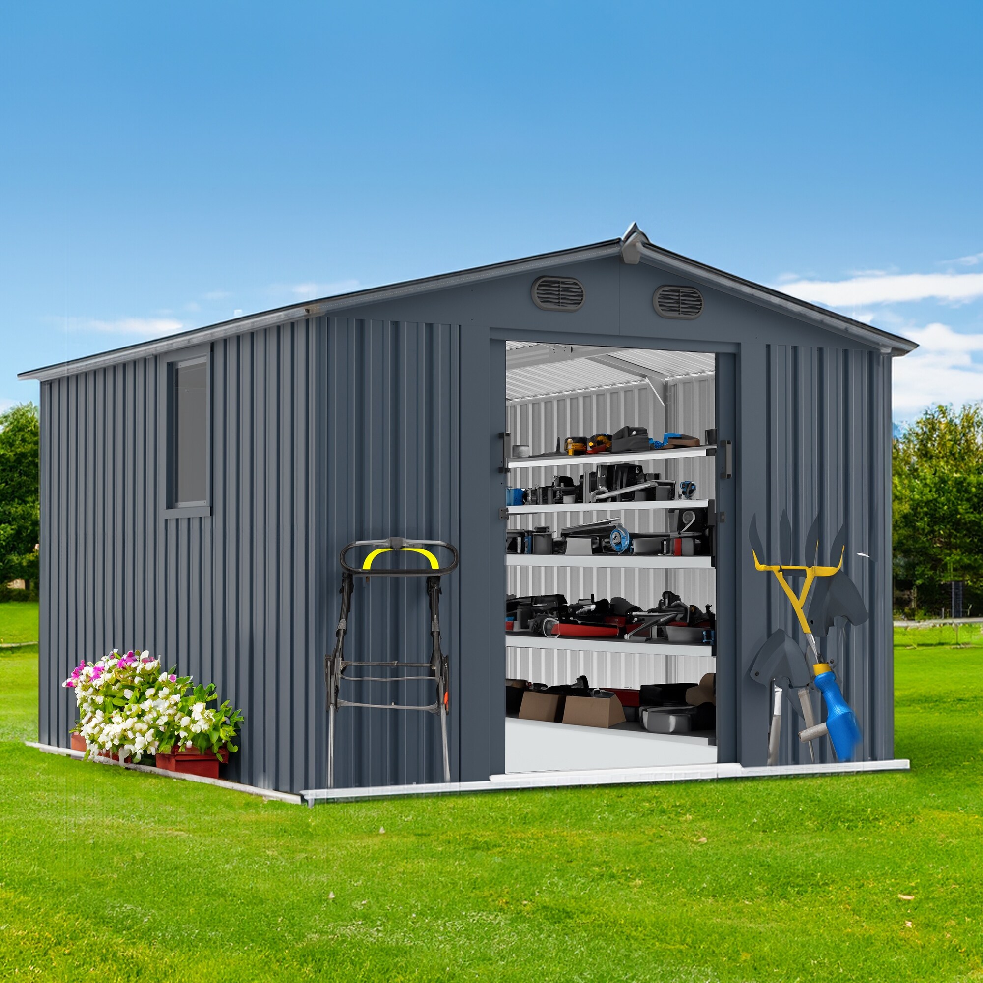 8x10 FT Outdoor Storage Shed, Large Metal Tool Sheds with Window and Lockable Doors, Garden Shed for Backyard Garden Patio Lawn