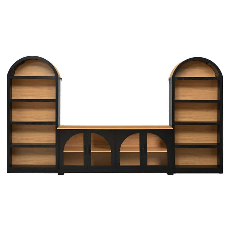 Farmhouse 3-Piece TV Stand Set for TVs Up to 70", Entertainment Center with Arched Sideboard and Glass Doors for Living Room