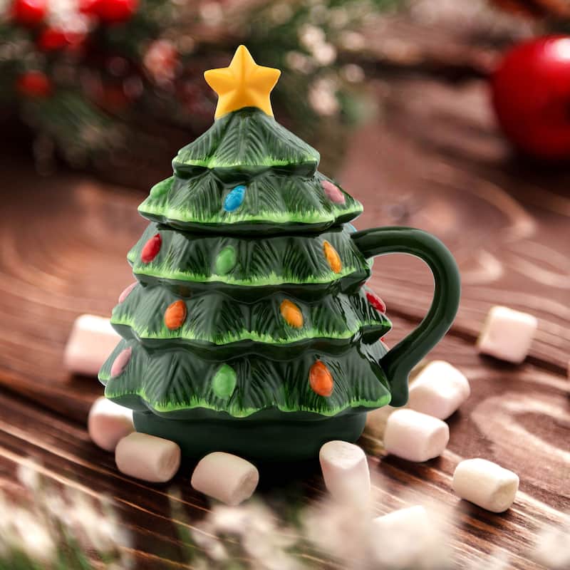 16 oz. Nostalgic Ceramic Tree Lidded Mug - Green