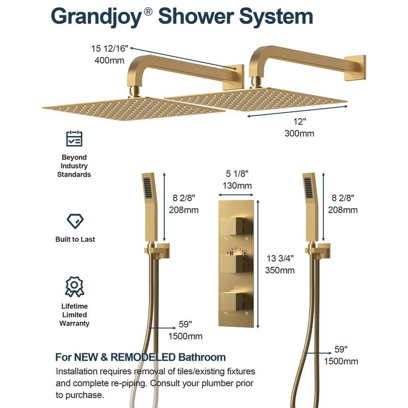 GRANDJOY 12 inch Wall Mounted Dual Shower Heads with Handheld Spray Combo Thermostatic High Pressure Shower System