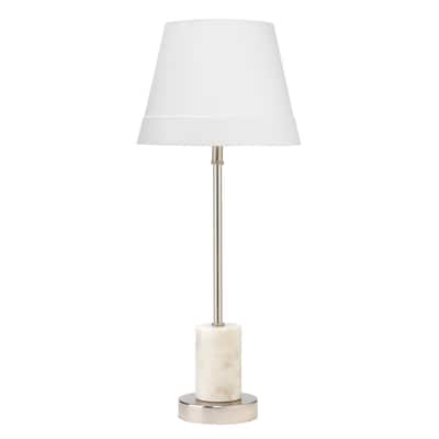 Marble Table Lamp with Wide Nickel Bottom, White and Silver
