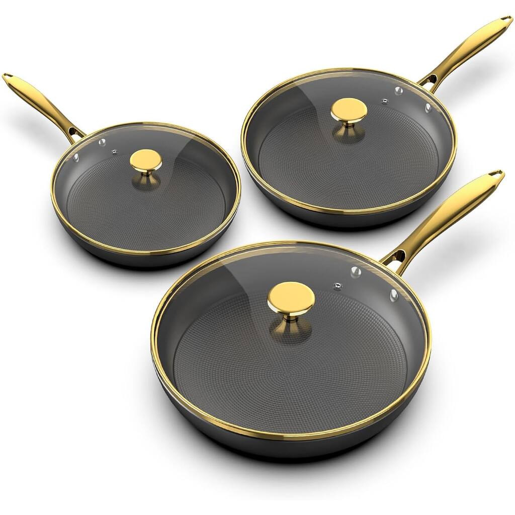 3 Pcs - 8 Inch, 10 Inch and 12 Inch Frying Pans Nonstick with Lid