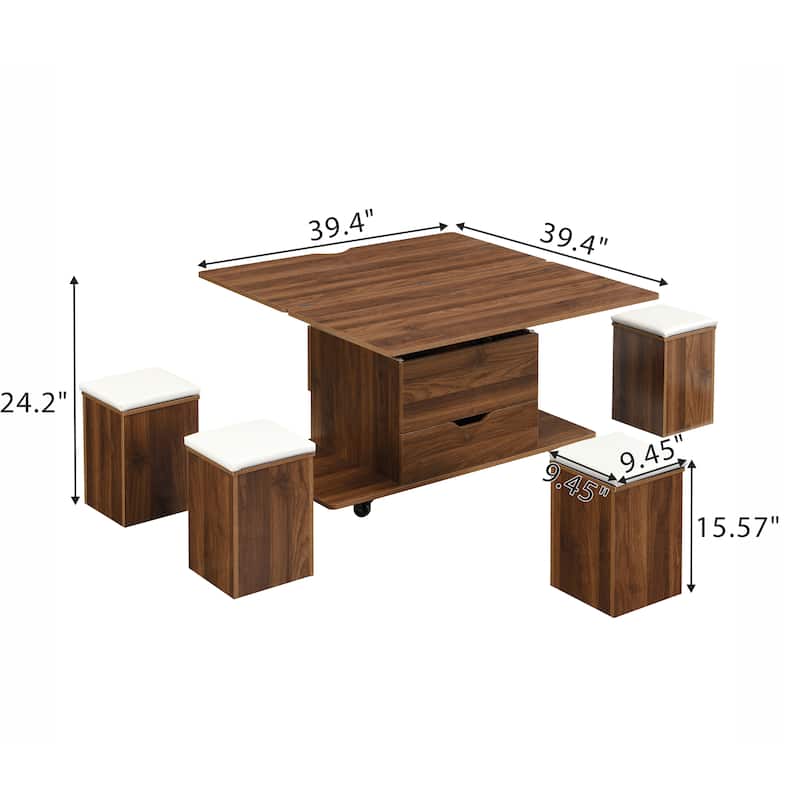 Lift-Top Coffee Table with Hidden Storage & 4 Stools - Multi-Functional Modern Center Table with Casters