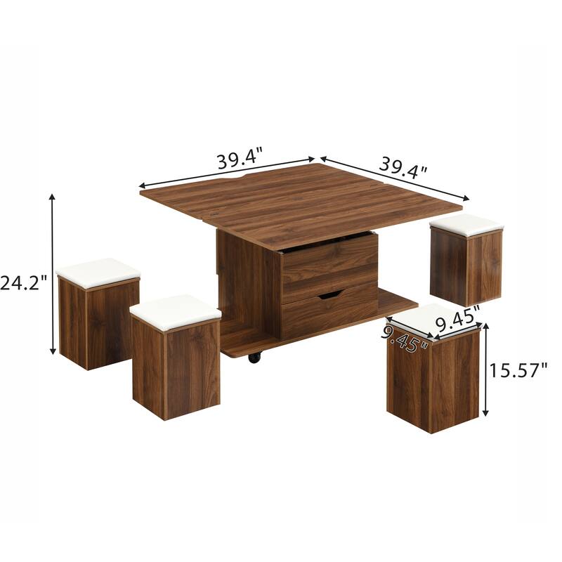 Multi-Functional Lift-Top Coffee Table with Hidden Storage, 4 Stools & Casters, Modern Center Table for Small Spaces