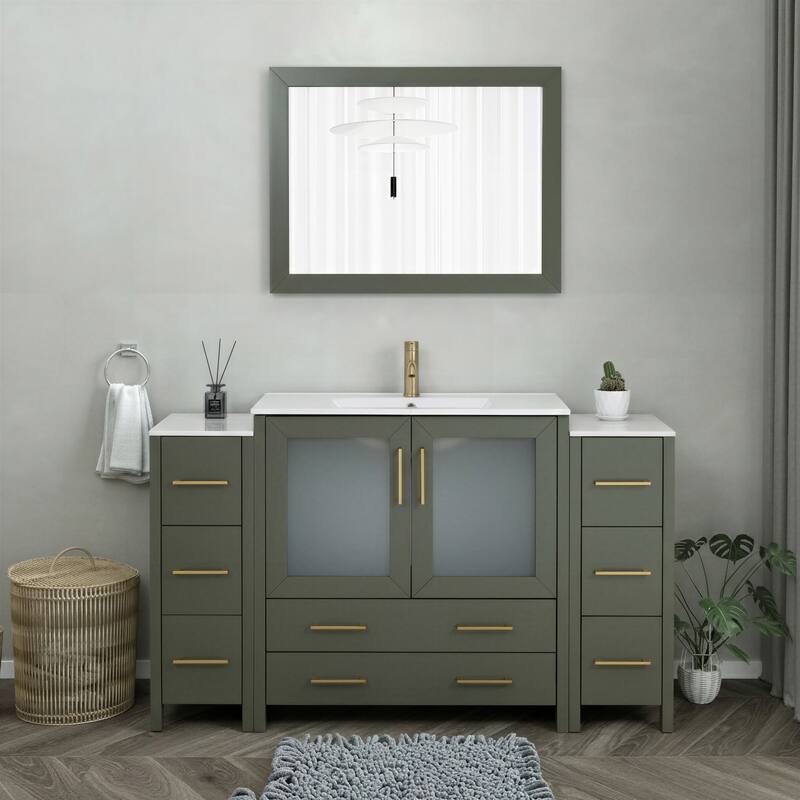 Vanity Art 60-Inch Single Sink Bathroom Vanity Set 8 Dove-Tailed Drawers 3 Cabinets 1 Shelf Soft-Closing Doors with Free Mirror - Vintage Green