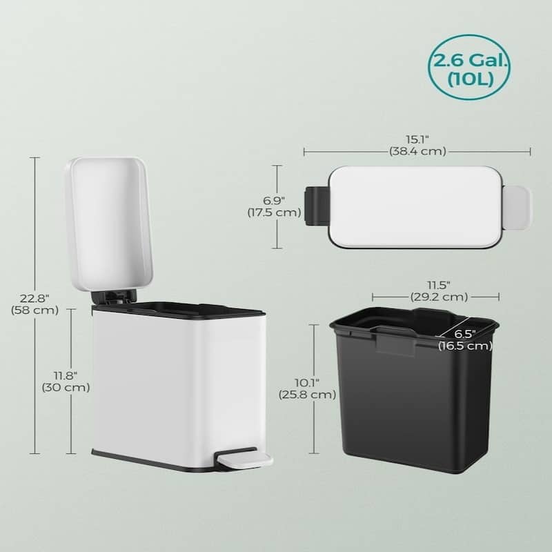 Stainless Steel Slim Bathroom Trash Can with Soft-Close Lid and Plastic Removable Inner Bucket