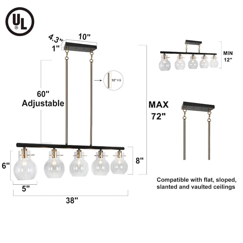 Modern Industrial 5-Light Black Gold Linear Chandelier Clear Glass Kitchen Island Lights for Dining Room