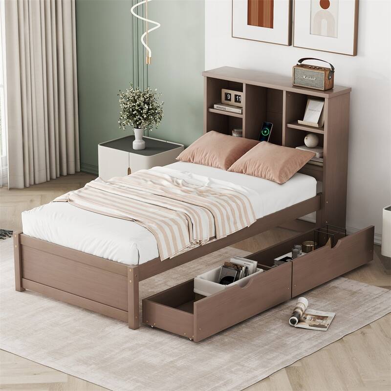 Twin Size Platform Bed with Built-in USB Port and Bookcase Headboard