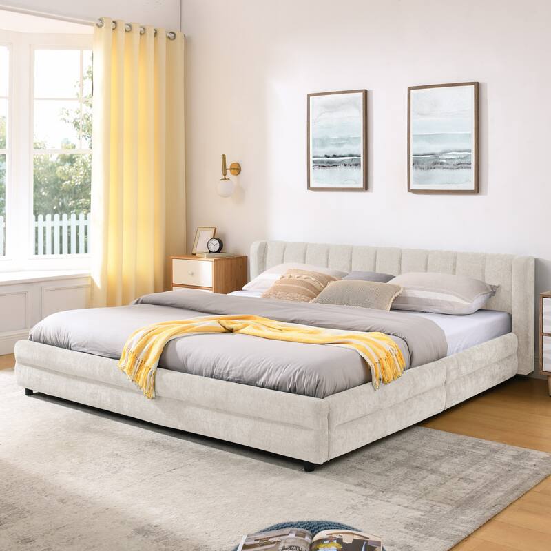 King Upholstered Bed Frame with Storage Drawer, Thick Padded Headboard & Solid Frame in Chenille Fabric