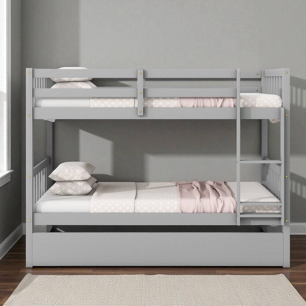 Twin Over Twin Rubber Wood Bunk Bed with Trundle, Convertible into Twin Beds, Ladder and Safety Guardrails