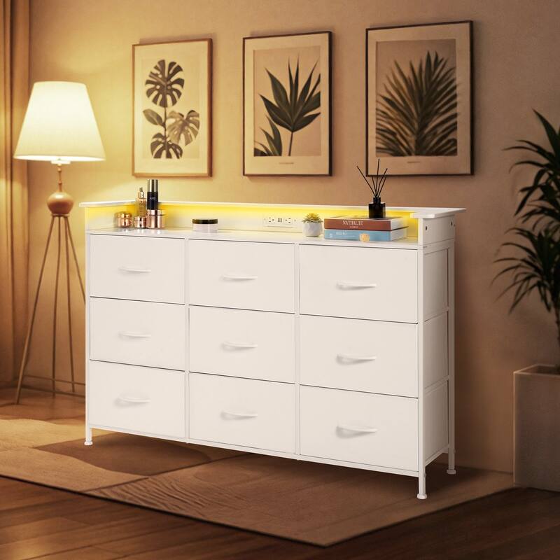 White 9 Fabric Drawer Tall Dresser with Power Outlets and Sturdy Steel Frame
