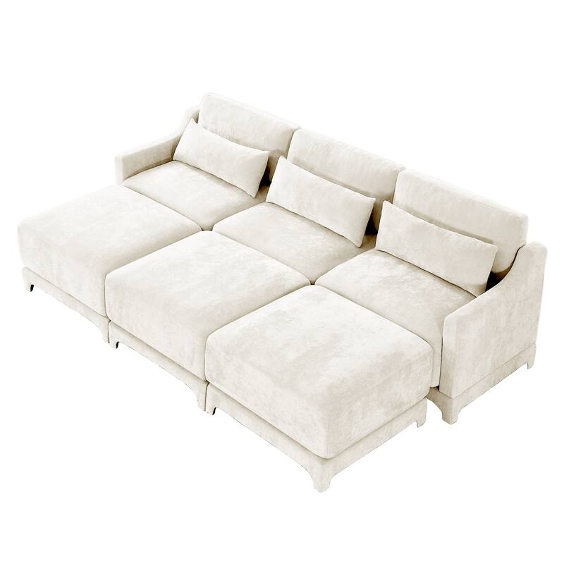 Modern Chenille 4-Seater Sofa with 2 Ottoman, Lumbar Cushions, Ergonomic Backrest, High-Resilience Spongeand Tufted Armrests