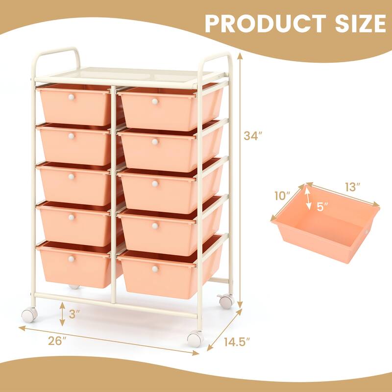 Gymax 10-Drawer Storage Cart Utility Rolling Trolley Kitchen Organizer