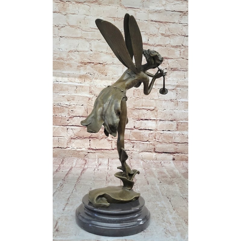 Trumpeting Winged Angel Fairy Garden Statue Bronze Sculpture Signed Art 15 Inches X 10 Inches