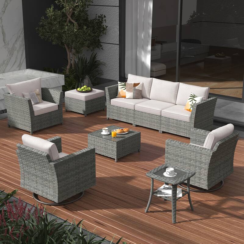 XIZZI 9-piece Patio Furniture Sectional Set with Swivel Rocking Chairs - Ivory