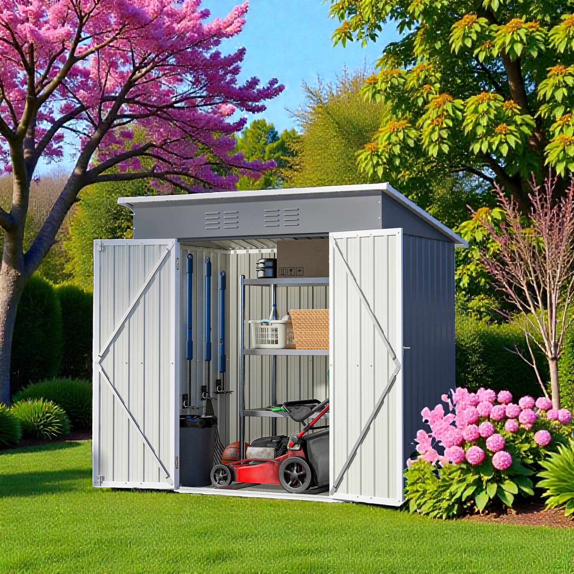 6'x4' Outdoor Steel Storage Shed with Lockable Door and Floor Frame, Garden Tool Shed Grey