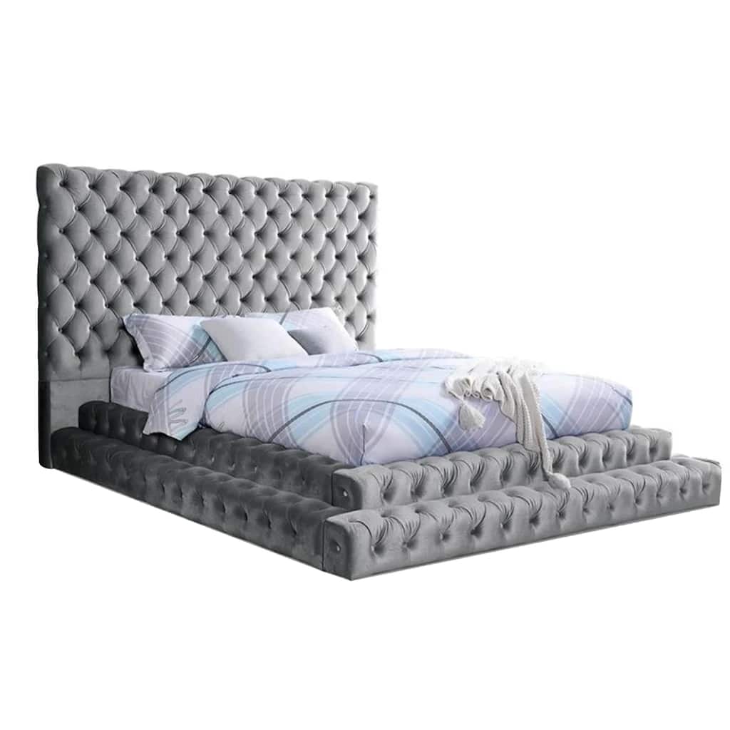 Steph Queen Bed, Gray Button Tufted Flannelette Upholstery, XL Headboard