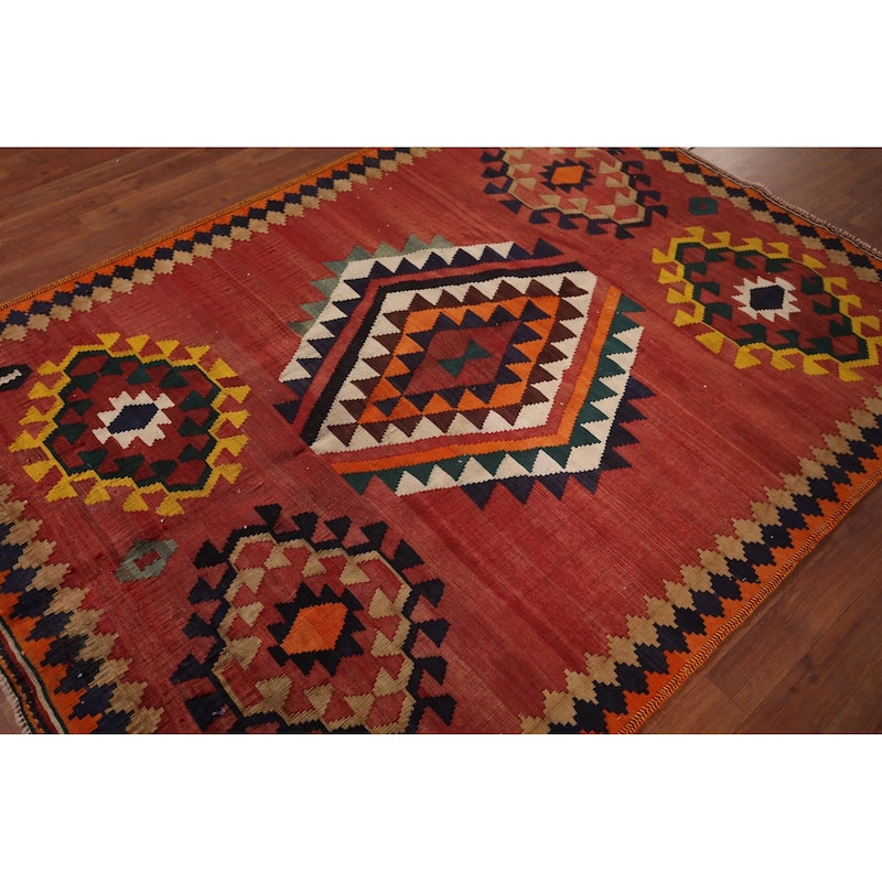 Kilim Qashqai Persian Vintage Area Rug Hand-Woven Orange Wool Carpet - 4'11"x 6'8"