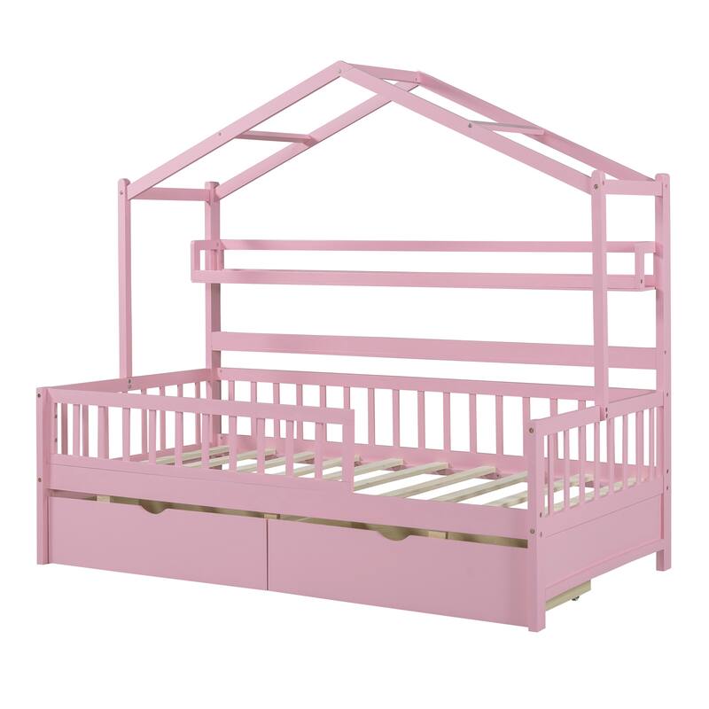 Wood House Bed with 2 Drawers, Kids Bed with Storage Shelf