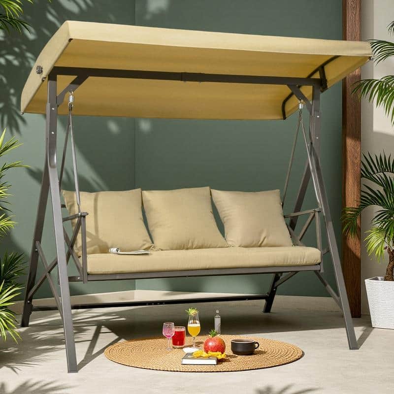 Steel 3-Seat Patio Swing with Canopy - Outdoor Glider Cushion and Throw Pillows (660lb Capacity) - Brown