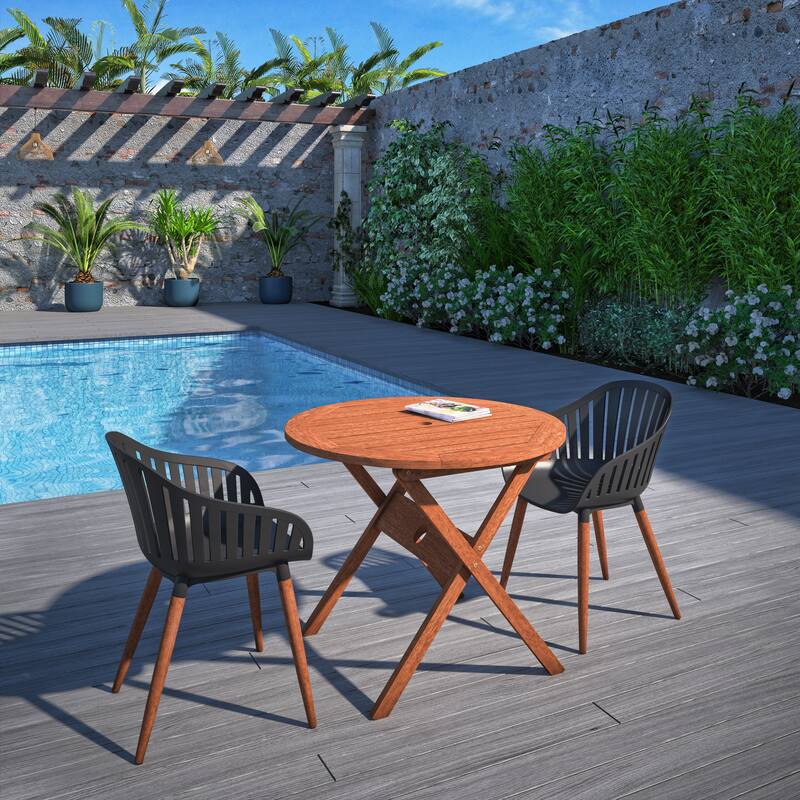 Amazonia 3pc Outdoor Patio Wood & Aluminum Bistro Set - Black Chairs and Wood Legs