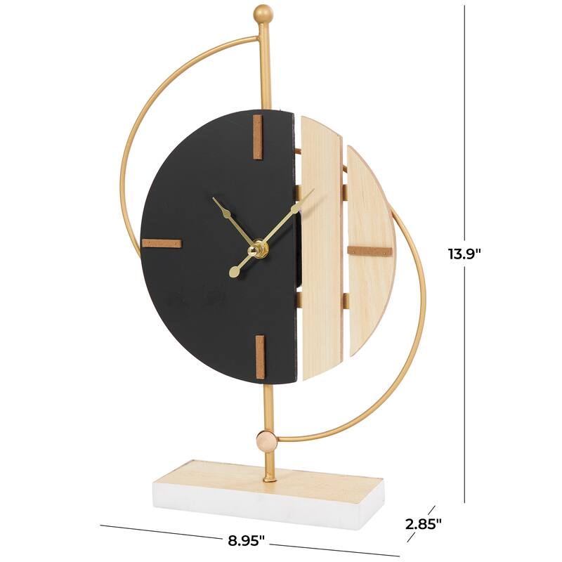 CosmoLiving by Cosmopolitan Black Wooden Two-Toned Geometric Decorative Clock with Wood Accents and Gold Semicircle Frame