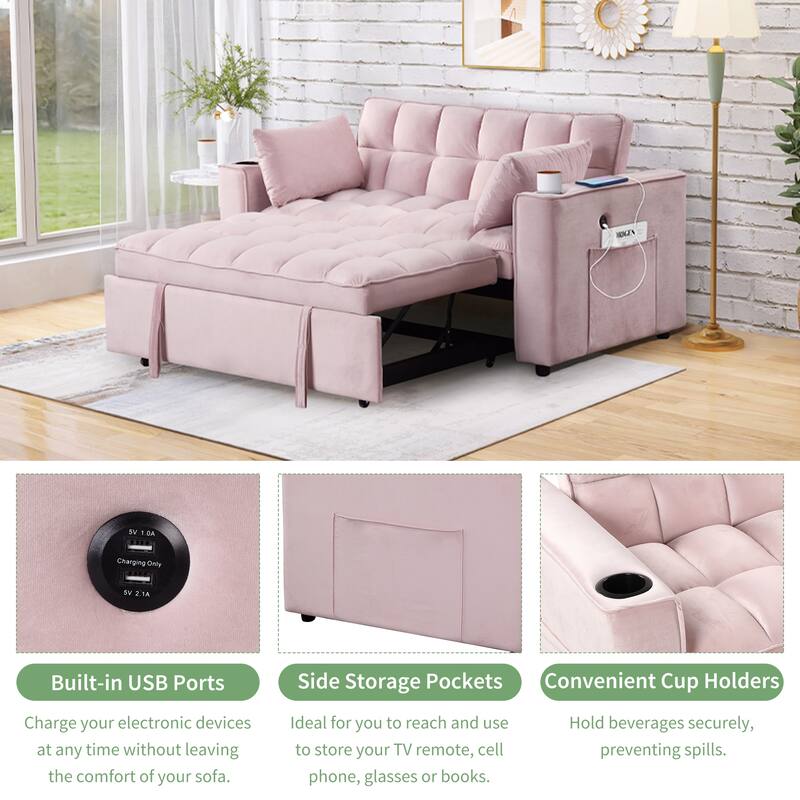 Loveseat Convertible Pull-out Sleeper Sofa Bed Adjustable Backrest Tufted Couch Futon Sofa w2 Pillows, USB Ports Pockets