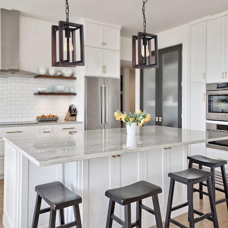 Anmytek Rustic Farmhouse Pendant Light Fixtures 1-Light Industrial Metal Wood Chandelier for Dining Room Kitchen Island