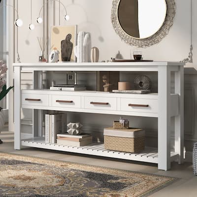Entryway Table with 4 Drawers,Painted Console Table with 3-Tier Open Shelves and Metal Handles,Versatile Hallway Sofa Table