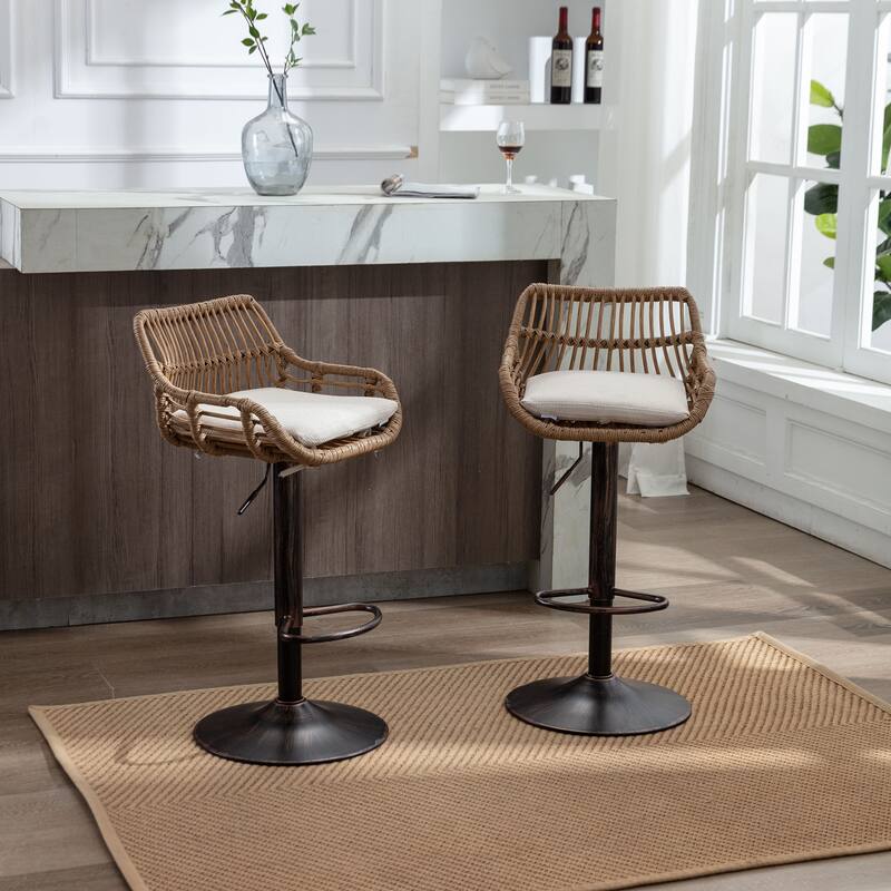 360° Swivel Bar Stools Set of 2, Adjustable Counter Height Chairs with Footrest, Rattan Bar Chairs with Cushions