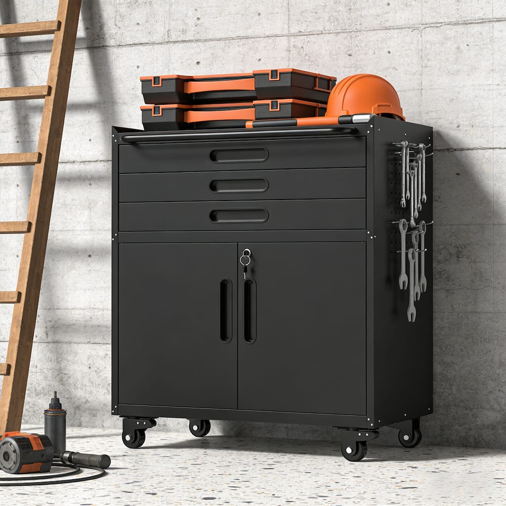 34.3" Rolling Metal Tool Cabinet, Heavy Duty Garage Storage with Lockable Doors & 3 Drawers, Mobile Workbench Organizer