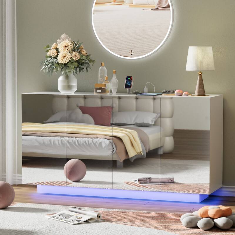 LED Illuminated Mirror 4 Doors Cabinet Modern Smart Storage Cabinet