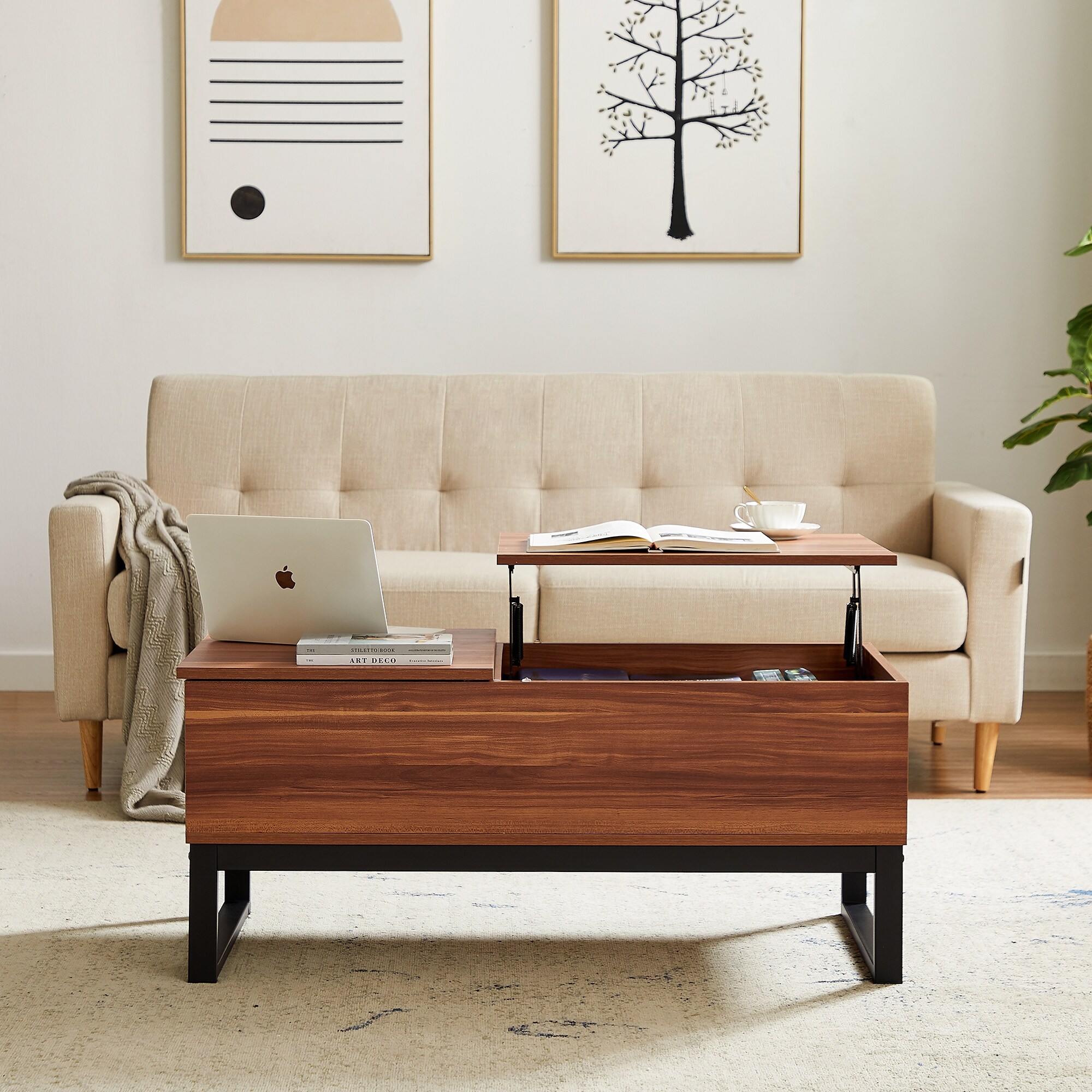The coffee table with lifting table, metal leg support, large storage space, and 15 minute quick assembly