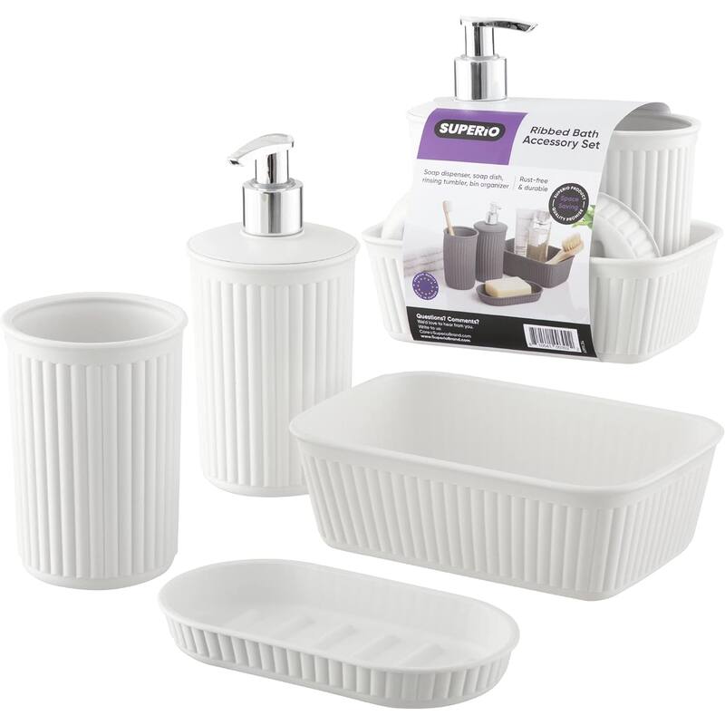 Superio Ribbed Bathroom Accessory Set, 4 pack - 6.34"W x 4.41"D x 6.54"H - White