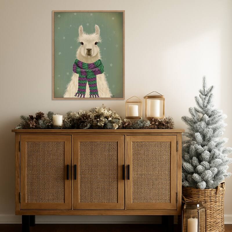 Llama with Purple Scarf, Portrait by Fab Funky (23 x 28 in.), Framed Canvas Wall Art Print - Sylvie Beaded Rustic Natural