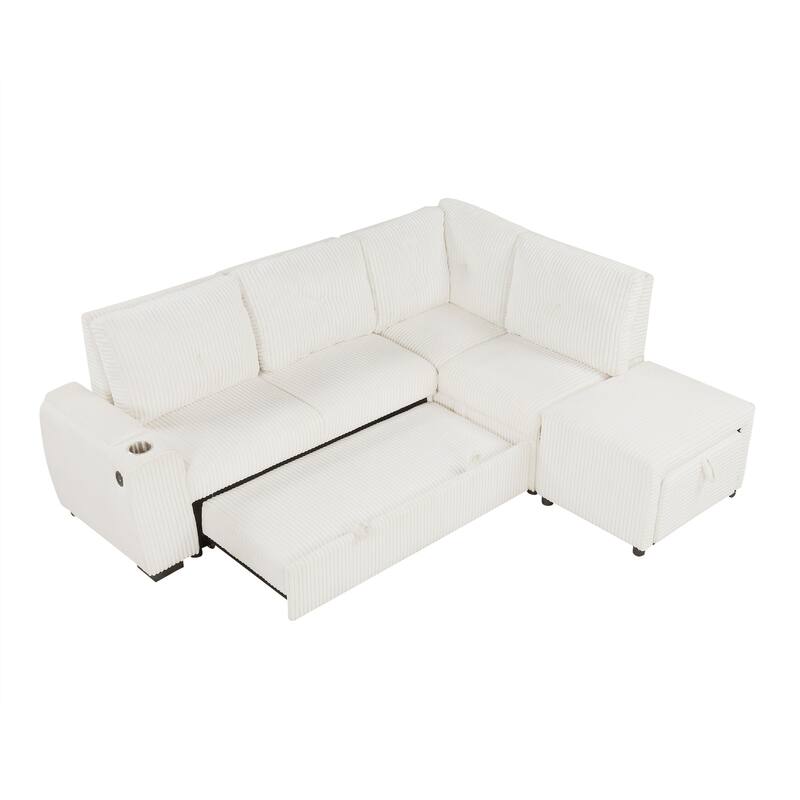 94" Convertible L-shaped Sectional Sofa with Pull-out Bed, Movable Ottoman and Stool, Storage, Cup Holder, and USB Ports