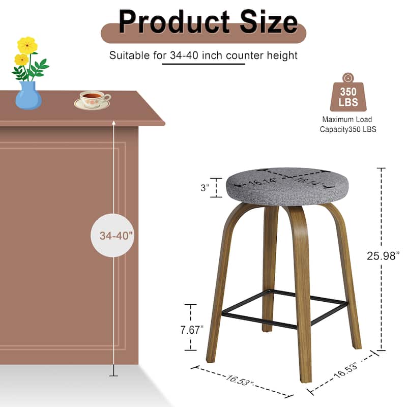 Swivel Bar Stools Set of 2, Counter Height Backless 26″Bar Stool, Fabric Upholstered Seat, Sturdy Wood Legs and Metal Footrest