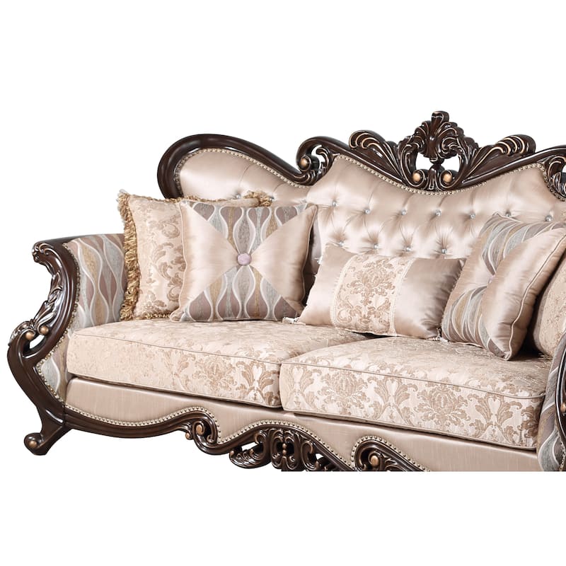 Cona 95 Inch Sofa, Classic Gold Carved Details, Brown, Button Tufted Beige
