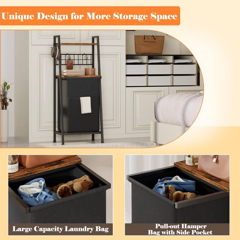 2 Tiers Laundry Hamper with Wooden Shelf and Hooks, ertical Laundry Basket with Pull-Out and Removable Bag