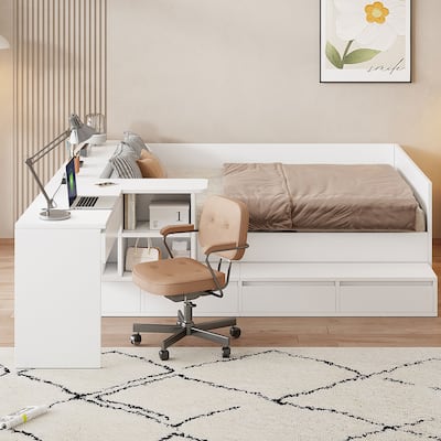 Full Size Floor Storage Bed Frame with 6 Drawers, Shelves, Modern Wood Platform Bed with Dressing Table for Teens Adults