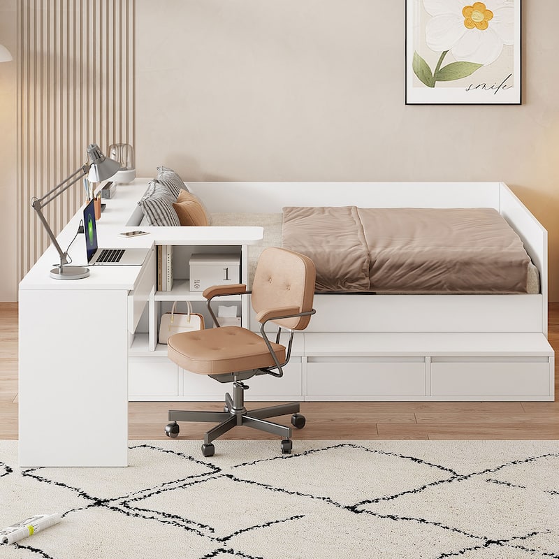 Full Wood Platform Bed - 6 Drawers, Shelves & Dressing Table, Space-Saving Design - White