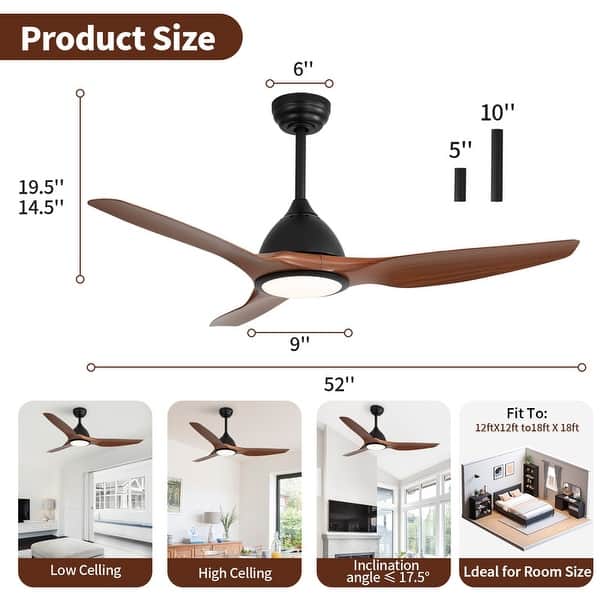 dimension image slide 5 of 29, Sofucor 42"/48"/ 52"/60"Noiseless Walnut Wood Ceiling Fan with Remote Control, Integrated Light Optional
