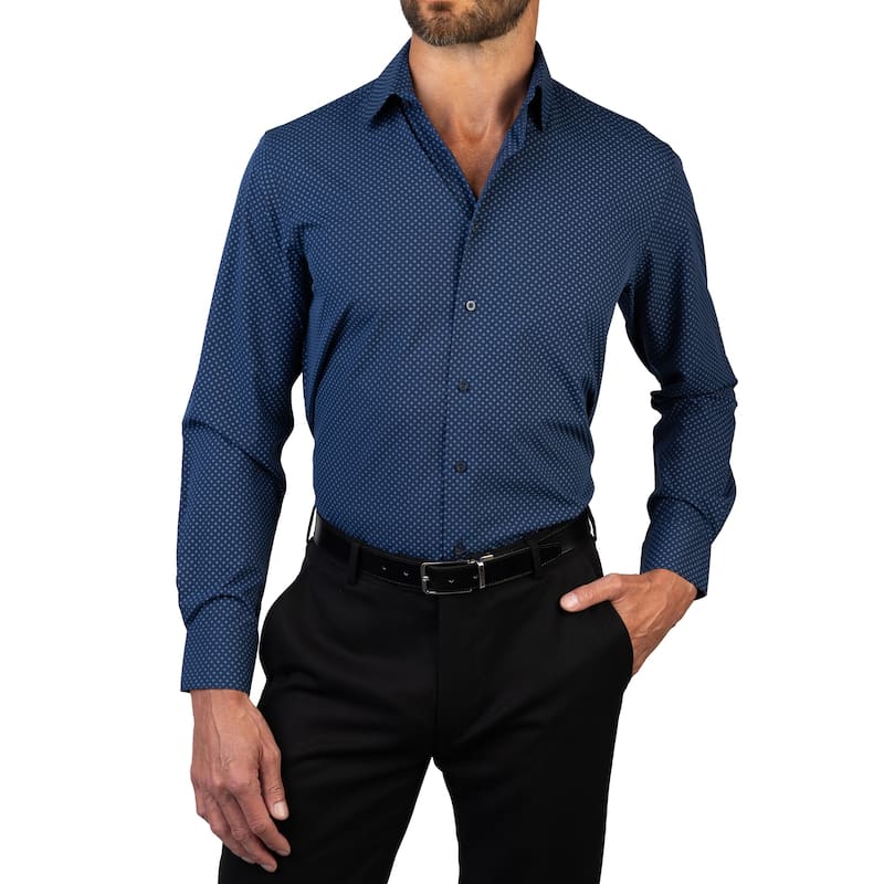 Lucky Brand Men's Printed Stretch Slim Fit Dress Shirt - M 34/35 - Navy