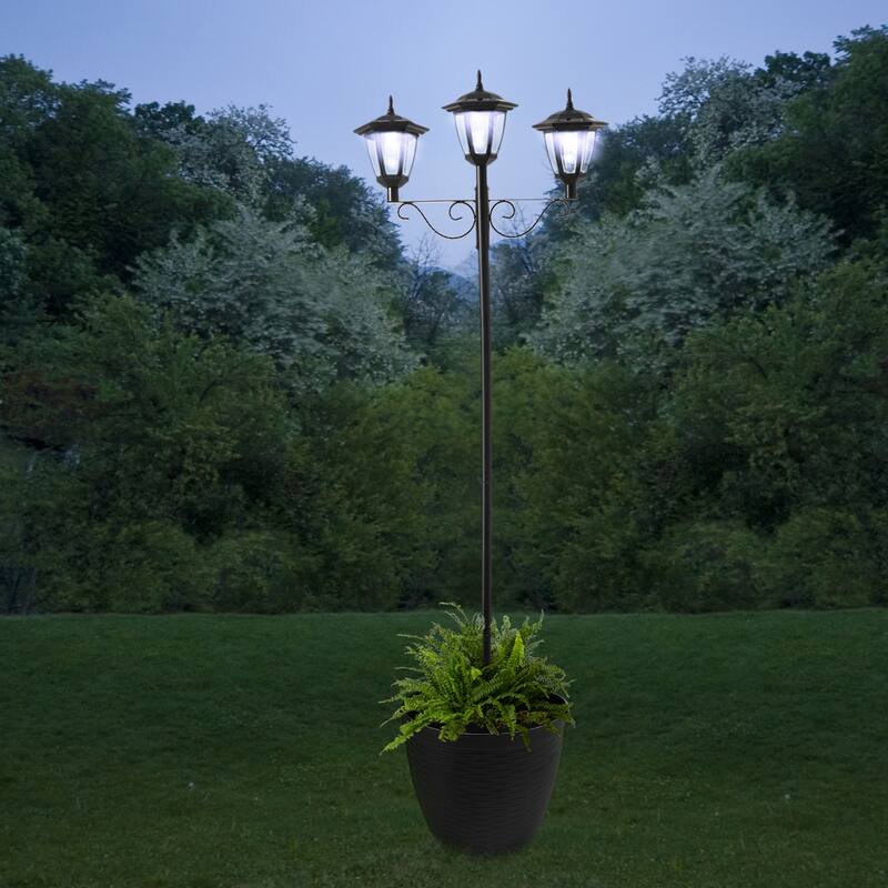 Glitzhome 6FT Solar 3-Head Lamp Street Light with Planter Pot - Black