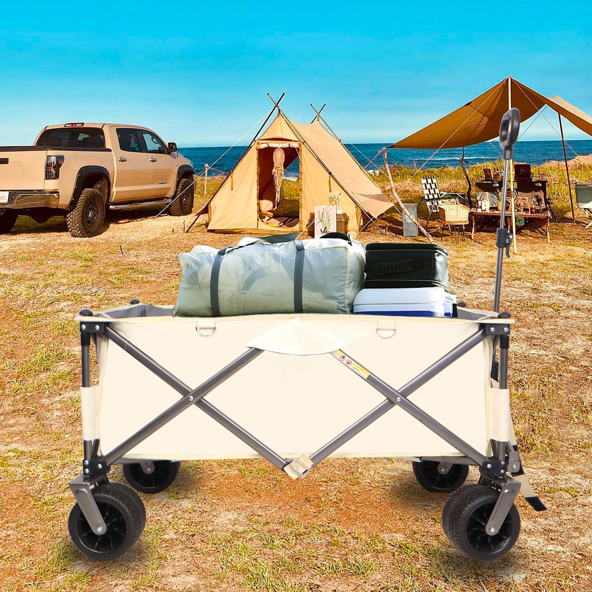 LUXCOL Heavy Duty Collapsible Folding Wagon Cart - 230 Lb Capacity, Big All-Terrain Wheels For Beach, Camping, Shopping