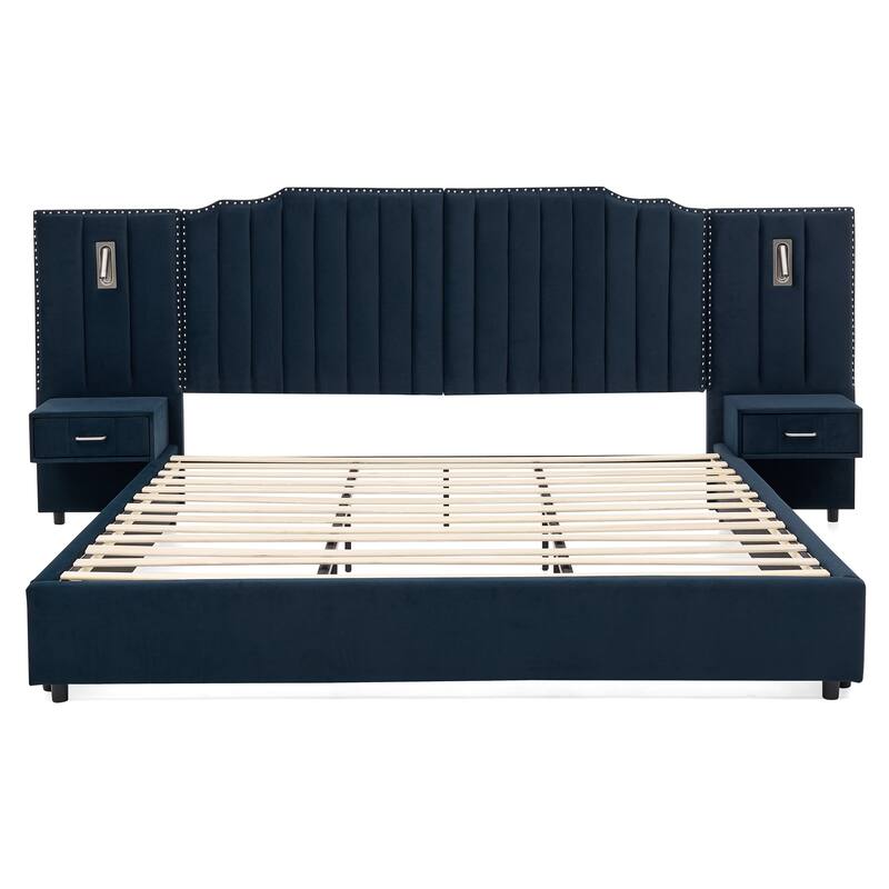 King/Queen Velvet Bed Frame with Vertical Stitch Headboard & Side Table