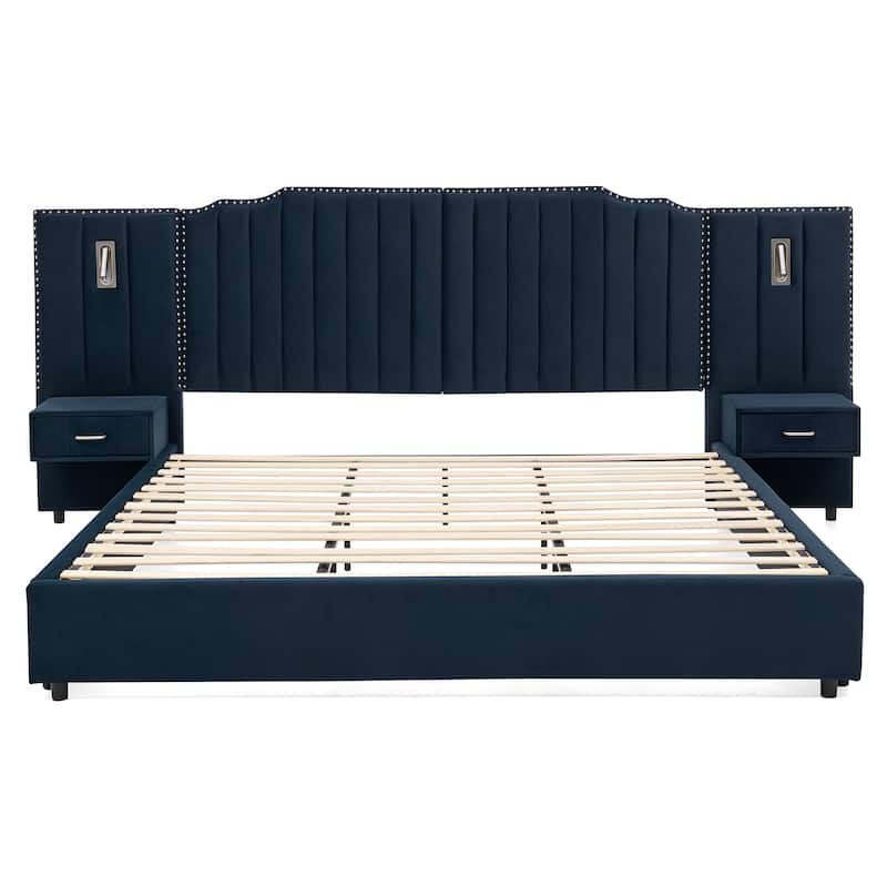 King Upholstered Wingback Platform Bed Frame with Vertical Stripe Enlarged Headboard, Adjustable Lamps & Integrated Nightstand