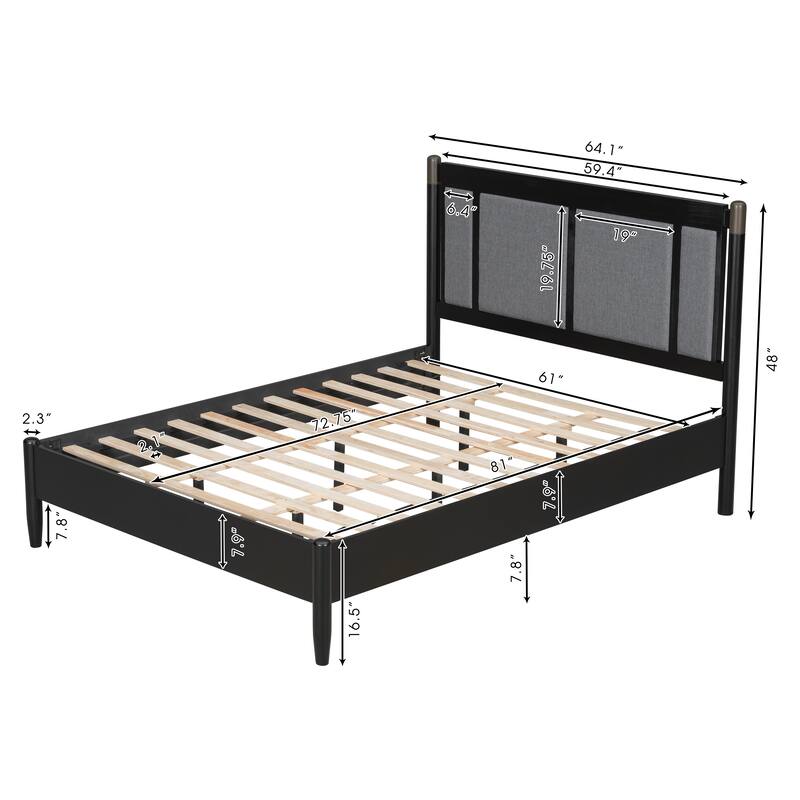Solid Wood Platform Bed Frame, No Box Spring Needed, Upholstered Headboard Wingback Bed, Wood Slat Support