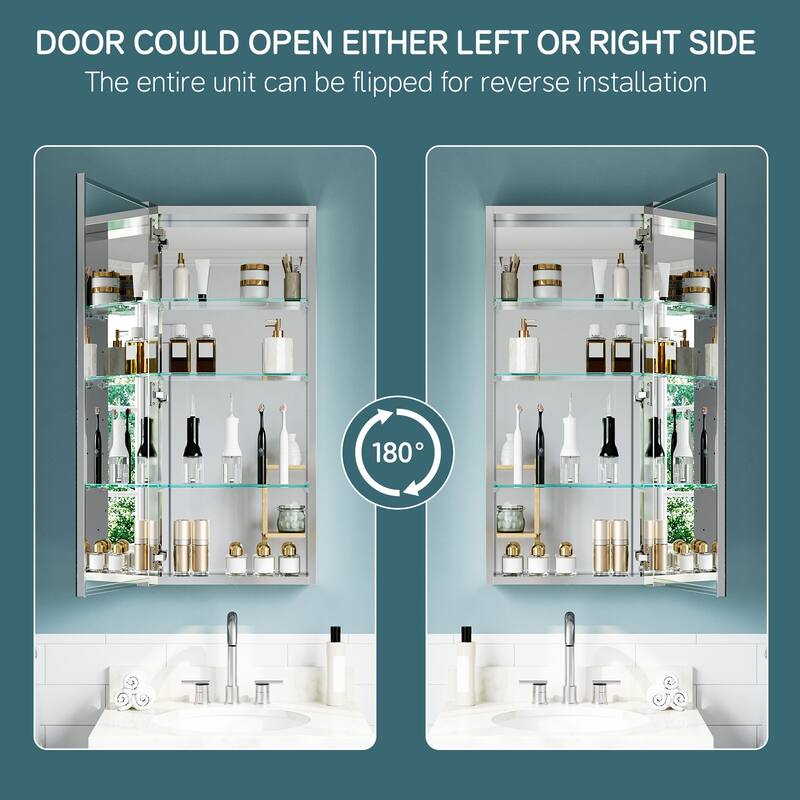 16x36" Tri-View Mirrored Medicine Cabinet with Soft-Close Blum Hinges, Reversible Door, Recessed/Surface Mount, Aluminum Body