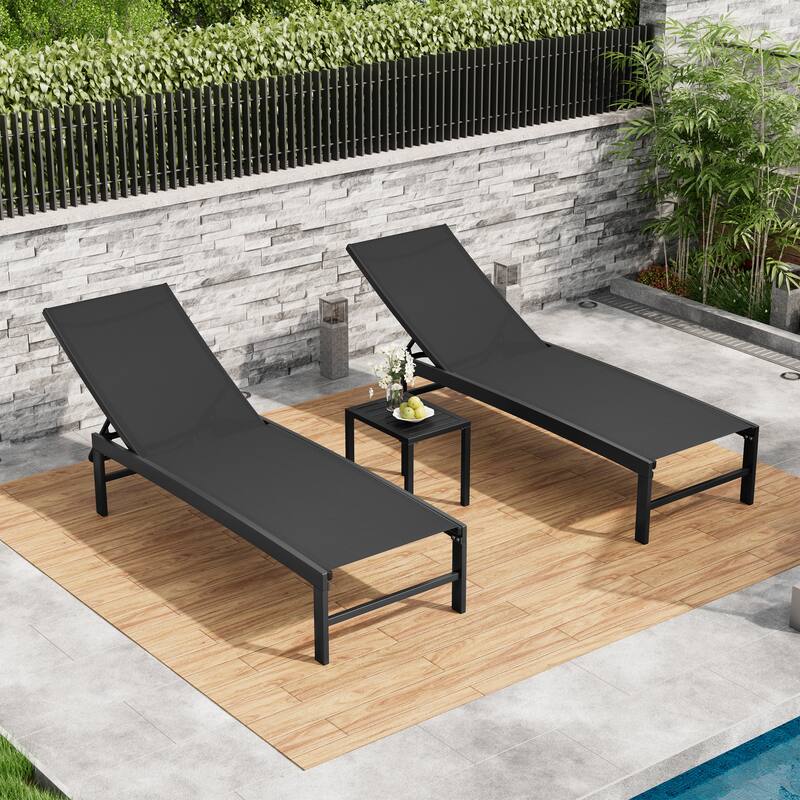 Outdoor Patio Adjustable Chaise Lounge Chairs with Side Table Set - Black Chairs with Rectangular table